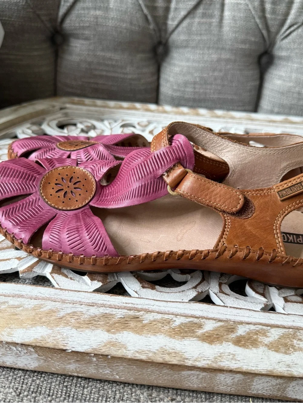 PIKOLINOS Pink and Brown Floral Leather Sandals